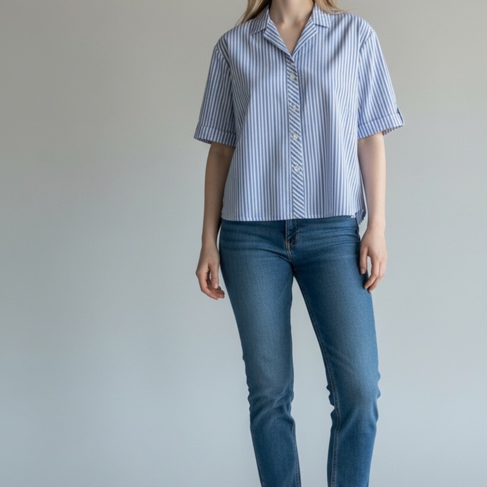 Blue and White Striped Short Sleeve Shirt